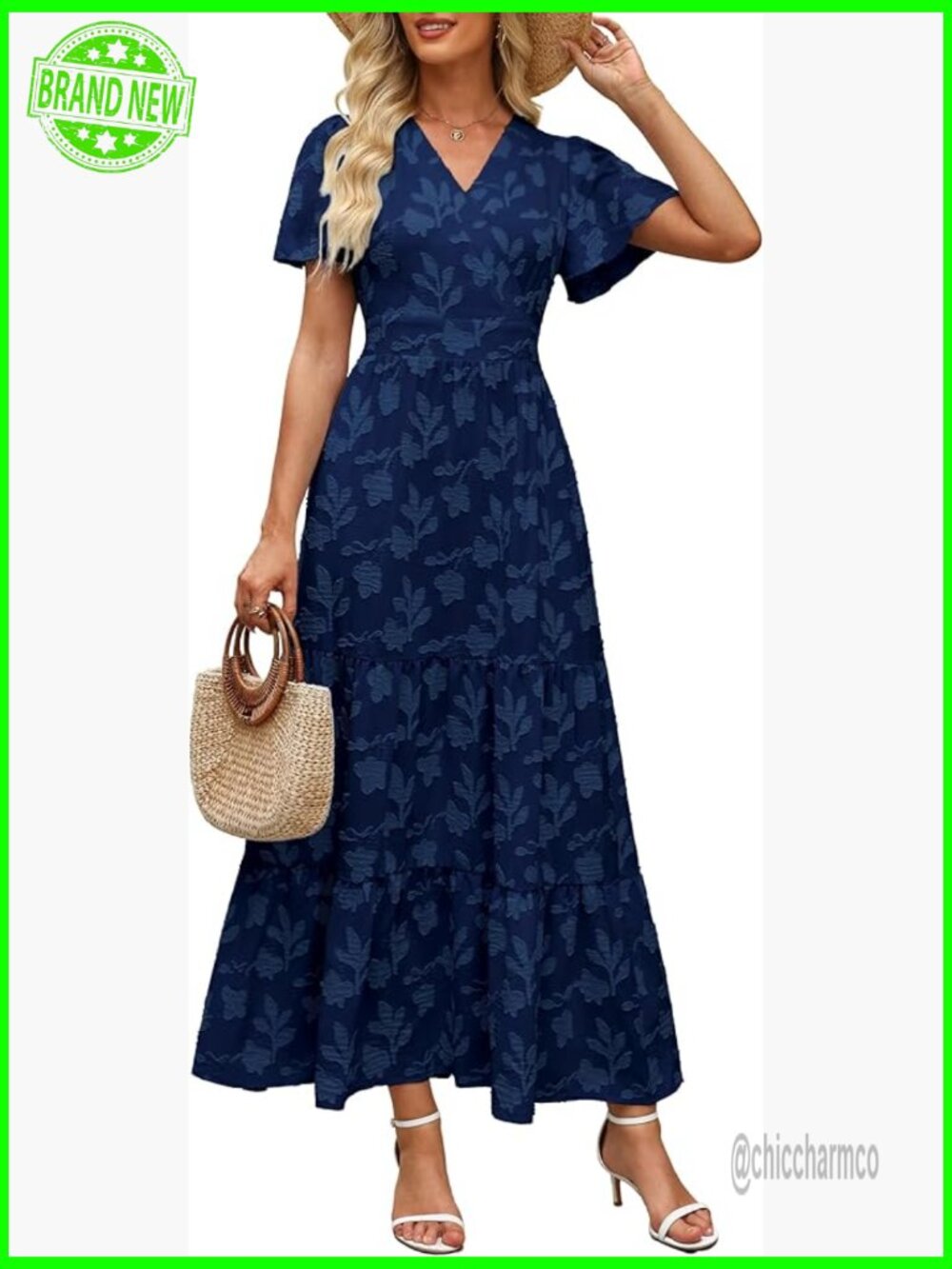 Boho Floral Maxi Dress Wrap V Neck Flutter Sleeve Tiered A Line Summer